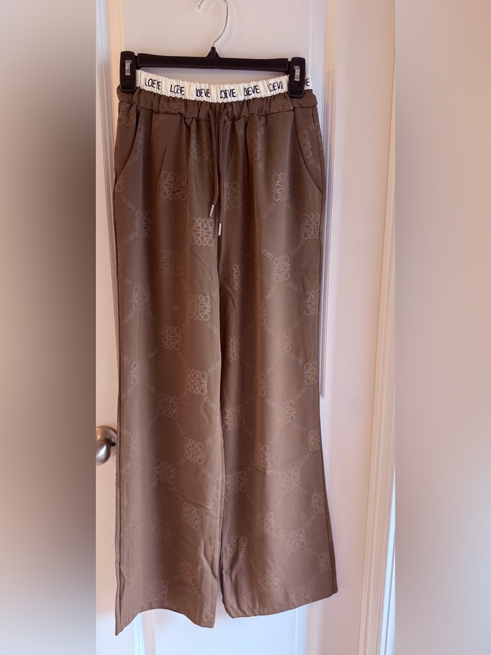 Loewe Choco brown Satin Wide-Leg Logo Drawstring Pants with pockets